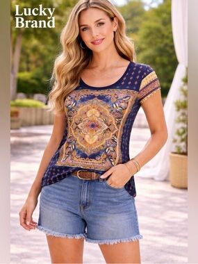 NWT. Lucky Brand Scoop Neck Bohemian Summer Medallion Top. Hippie Groove. Sz L.